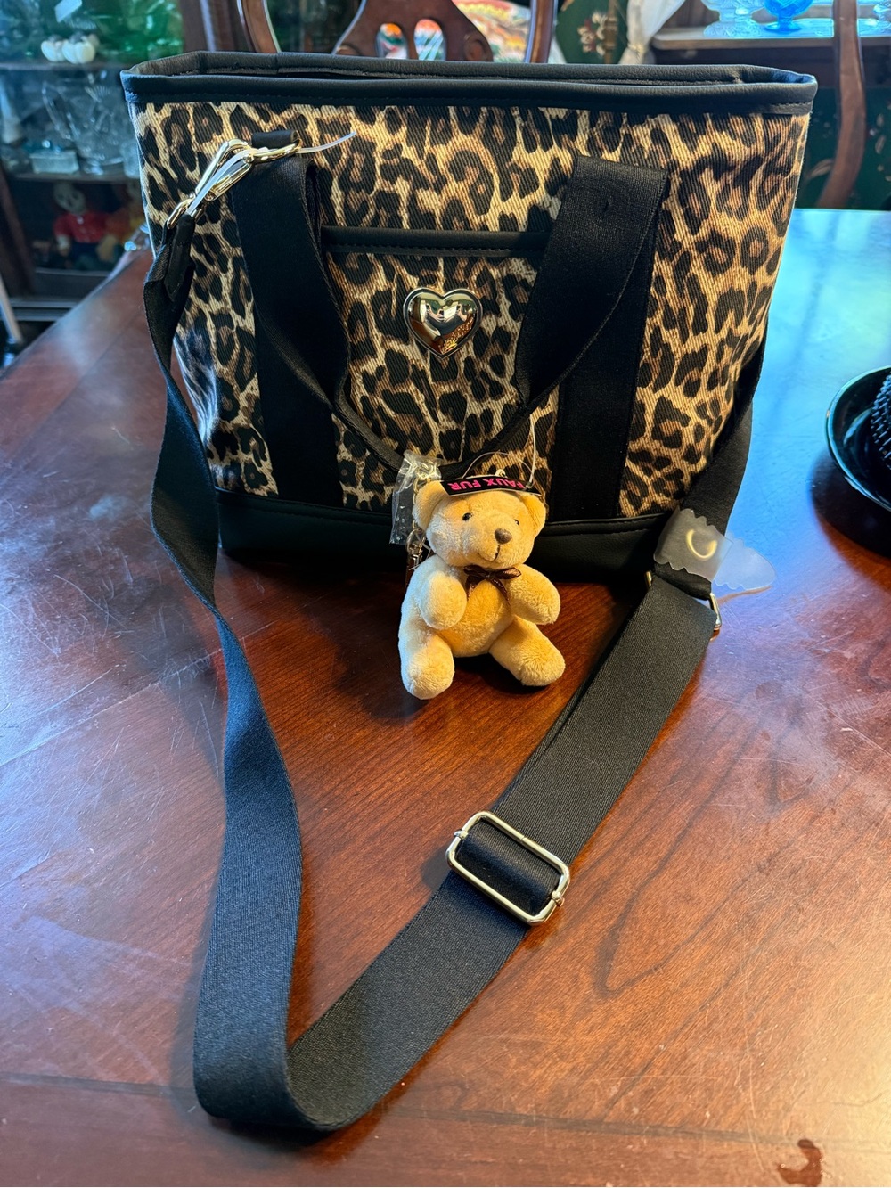 Betsey Johnson Leopard Print Tote with Black Trim and Plush Bear Charm - Picture 1 of 6